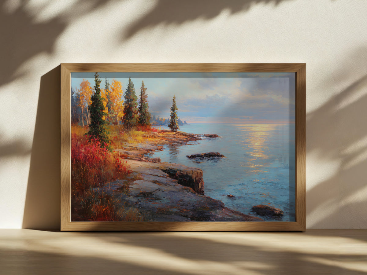 Lake Superior Fall Sunrise Wall Art | Minnesota Coastal Fall Foliage Painting