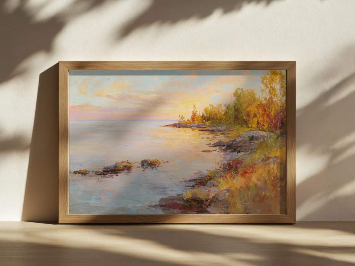 Lake Superior Fall Sunrise Wall Art | Minnesota Fall Foliage Shoreline Painting