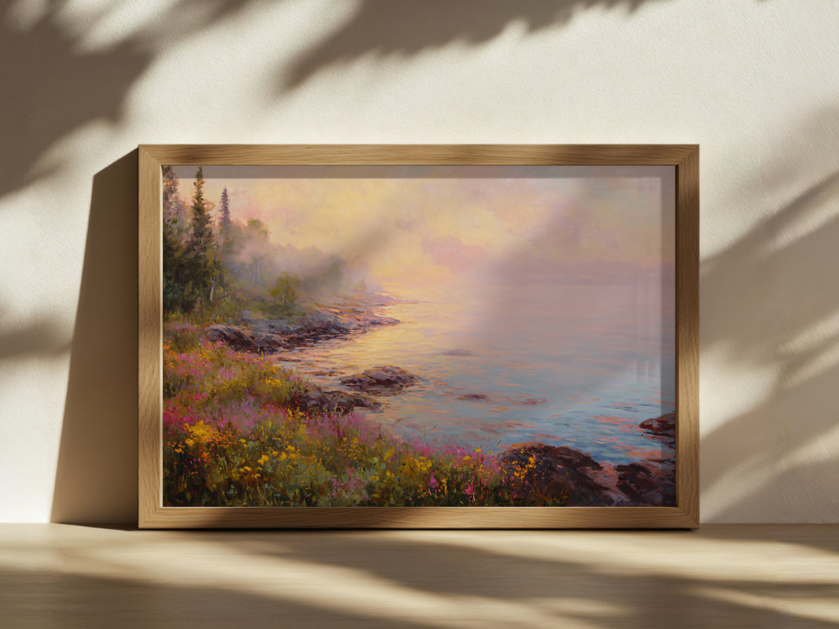 Lake Superior Spring Sunrise Wall Art | Minnesota Shoreline Wildflower Painting