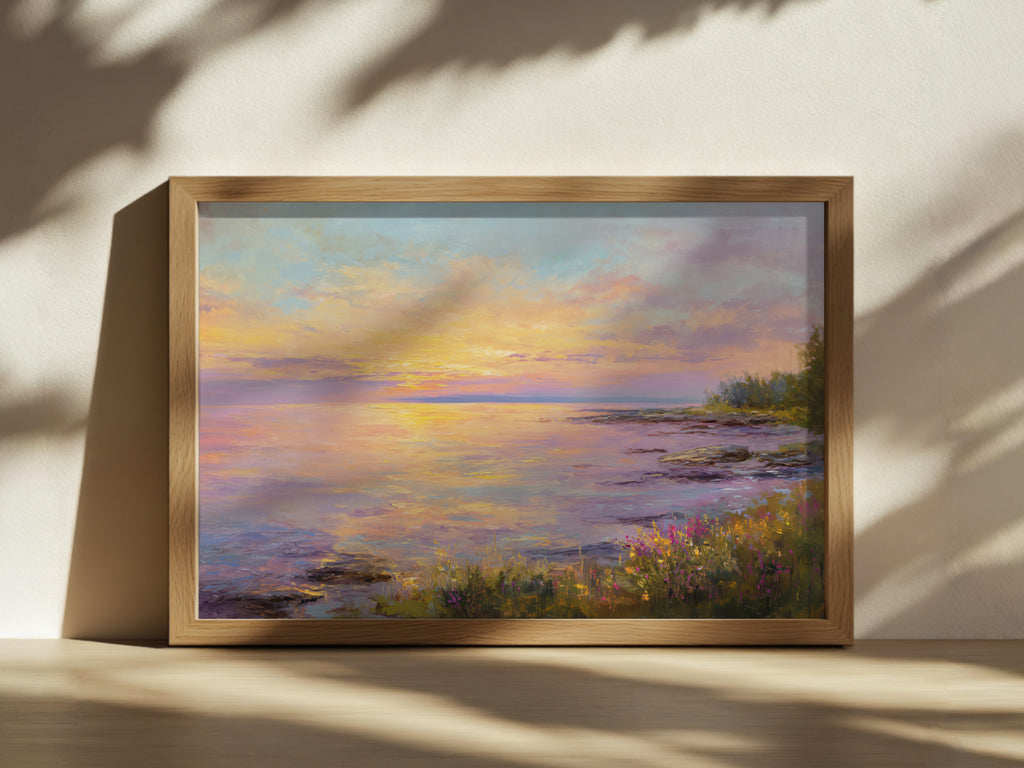 Lake Superior Spring Sunset Wall Art | Minnesota Coastal Wildflower Painting