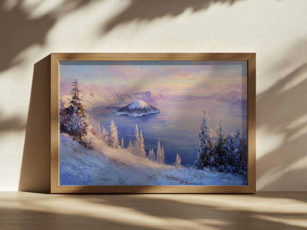 Crater Lake National Park Winter Sunset Wall Art | Oregon Volcanic Landscape Painting