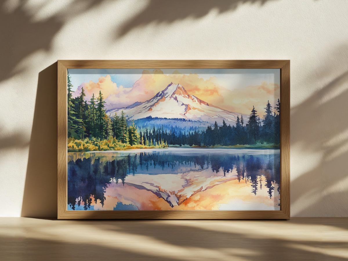 Mount Hood Summer Sunset Wall Art | Mirror Lake Oregon Lakeside Painting