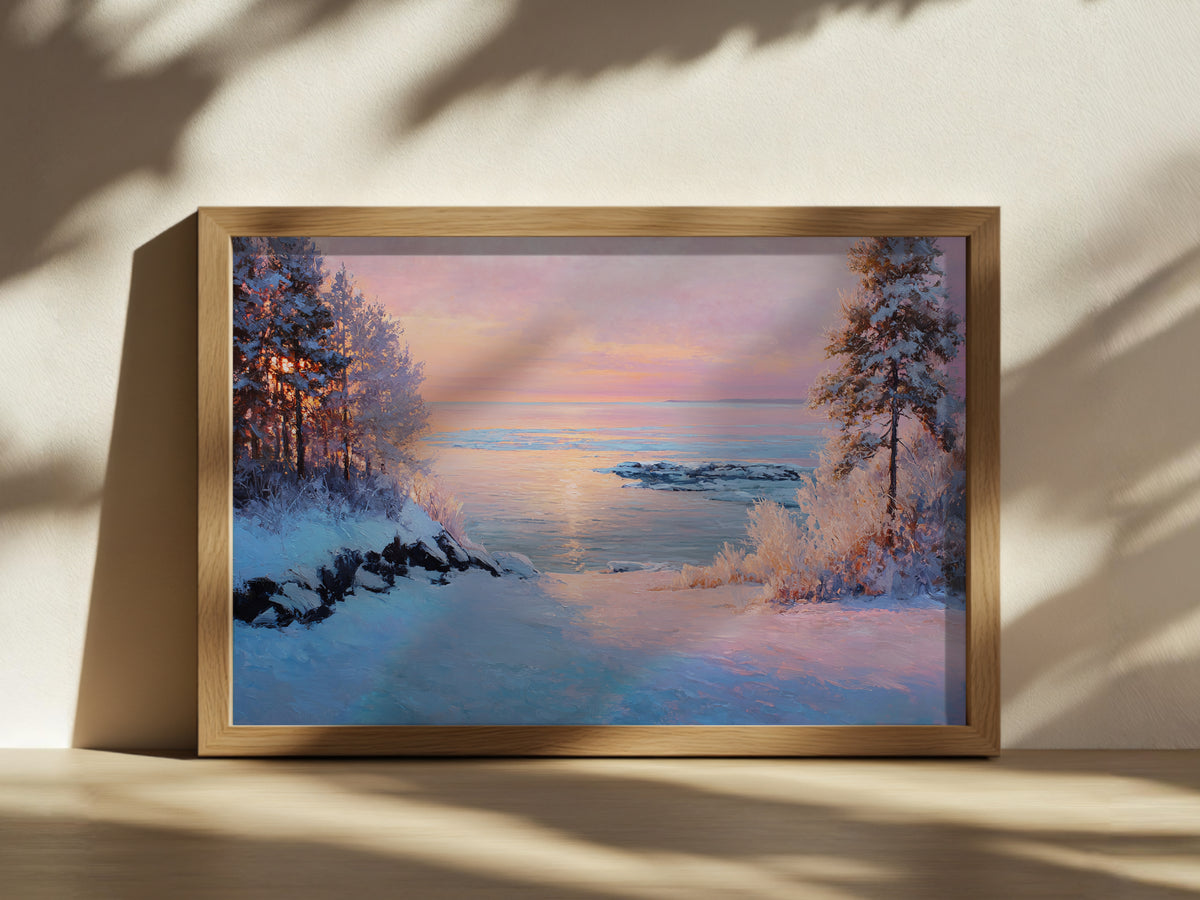 Lake Superior Winter Sunset Wall Art | Minnesota Lakeside Landscape Painting