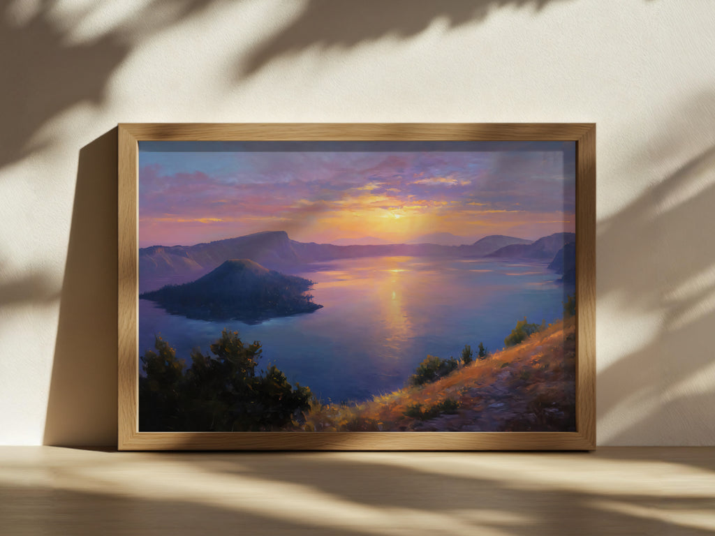 Crater Lake National Park Summer Sunset Wall Art | Oregon Volcanic Landscape Painting