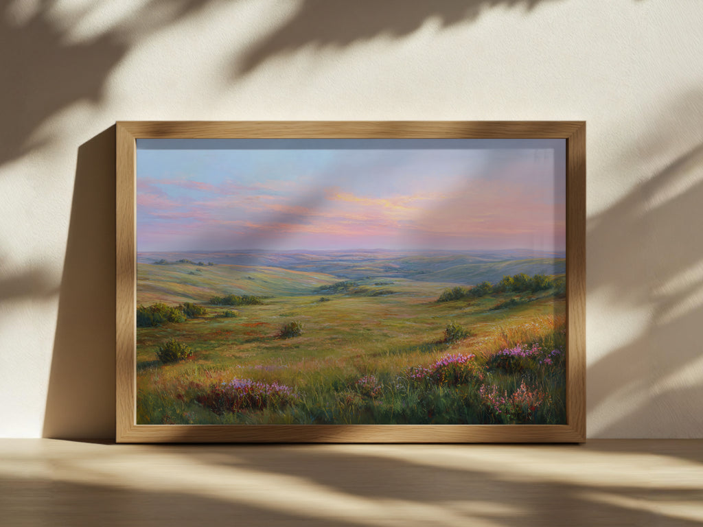 Flint Hills Spring Sunset Wall Art | Kansas Tallgrass Prairie Landscape Painting
