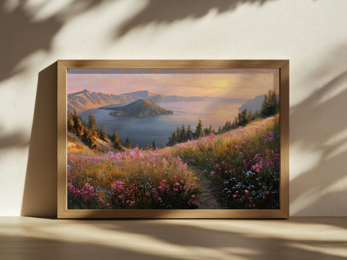 Crater Lake National Park Spring Sunset Wall Art | Oregon Volcanic Landscape Painting