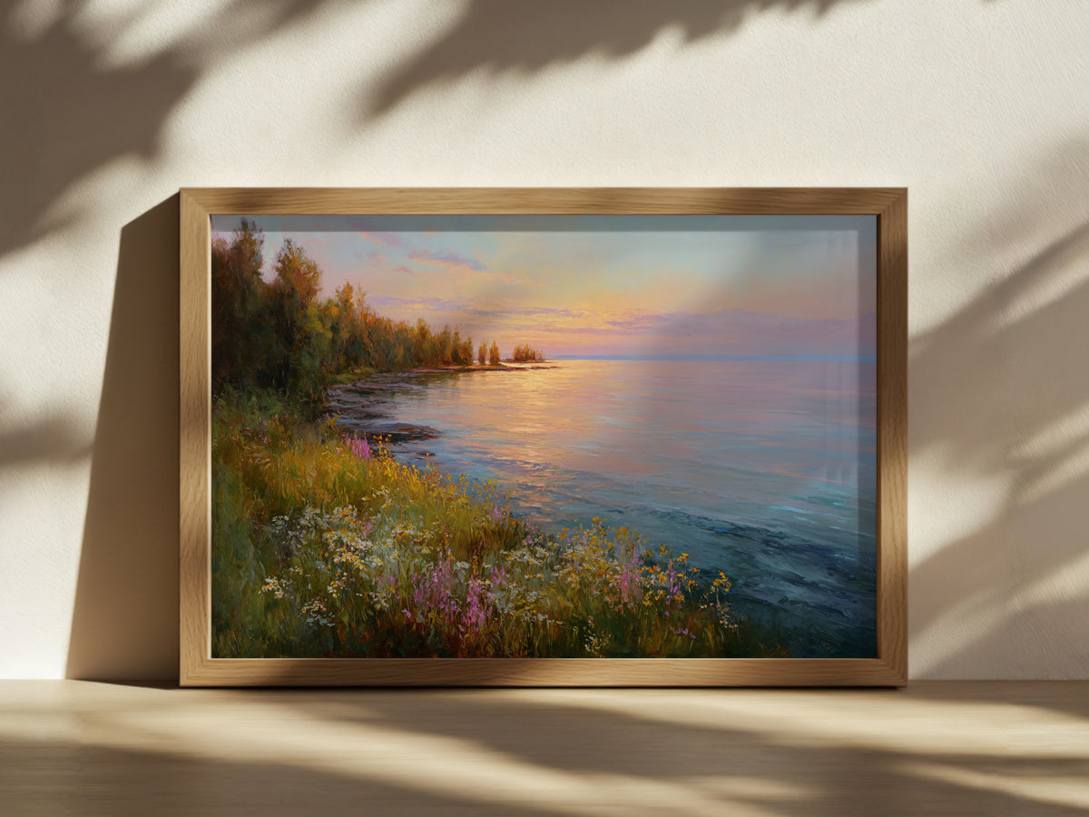 Lake Superior Spring Sunset Wall Art | Minnesota Lakeside Wildflower Painting