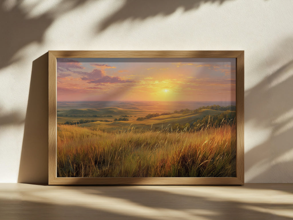 Flint Hills Summer Sunset Wall Art | Kansas Tallgrass Prairie Landscape Painting