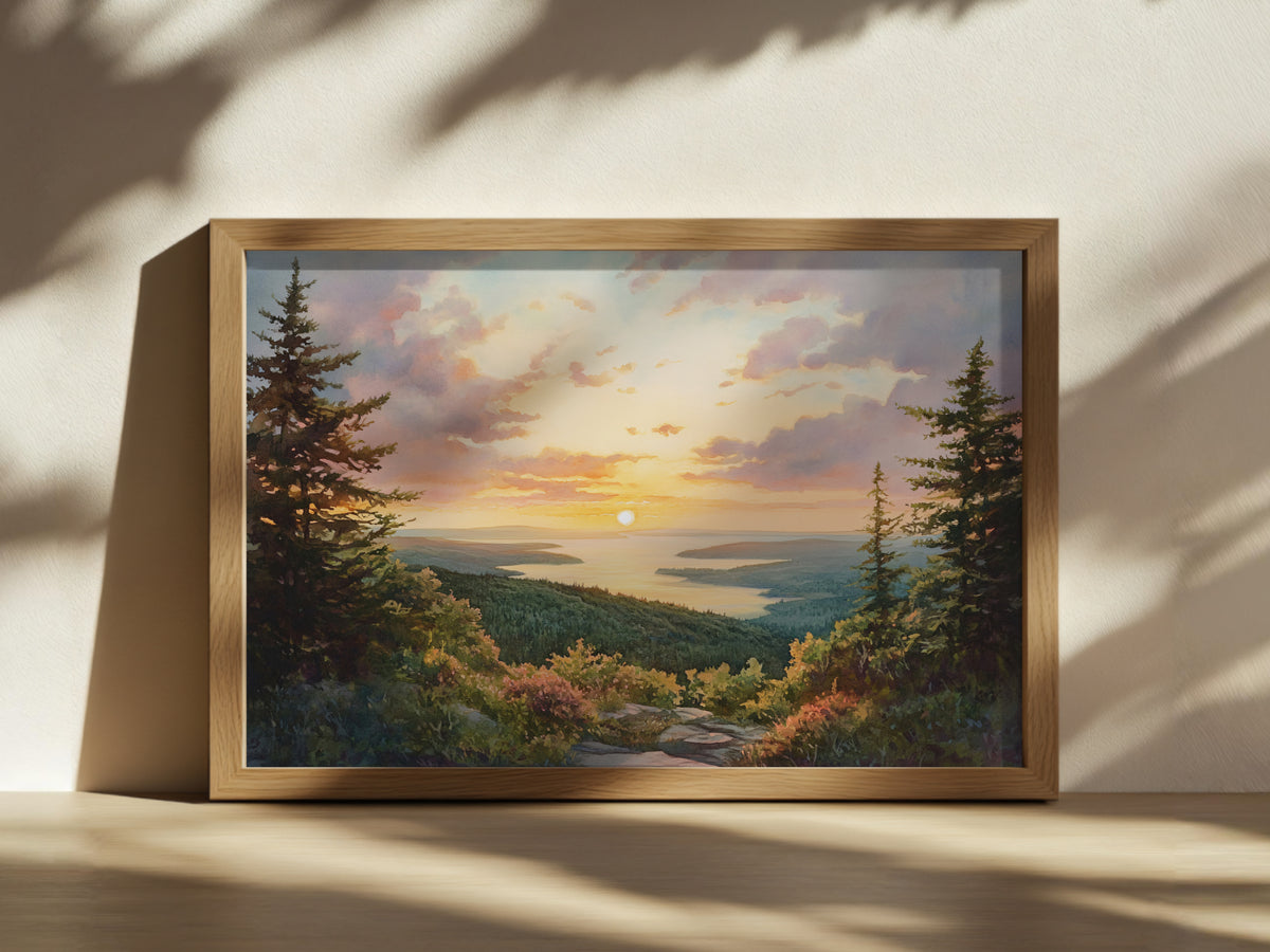 Cadillac Mountain Summer Sunset Wall Art | Acadia National Park Maine Coastal Painting