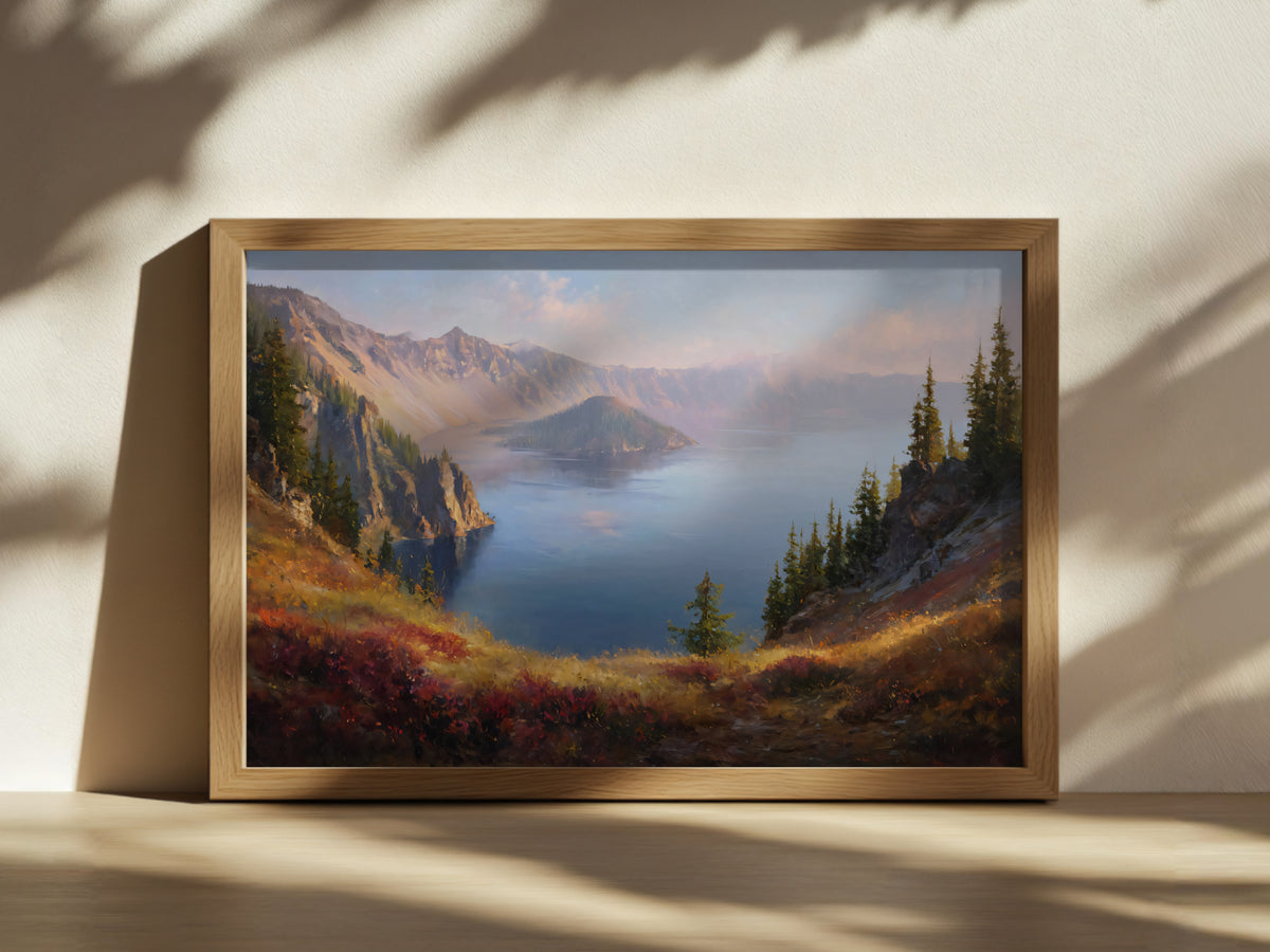 Crater Lake National Park Fall Sunrise Wall Art | Oregon Volcanic Landscape Painting