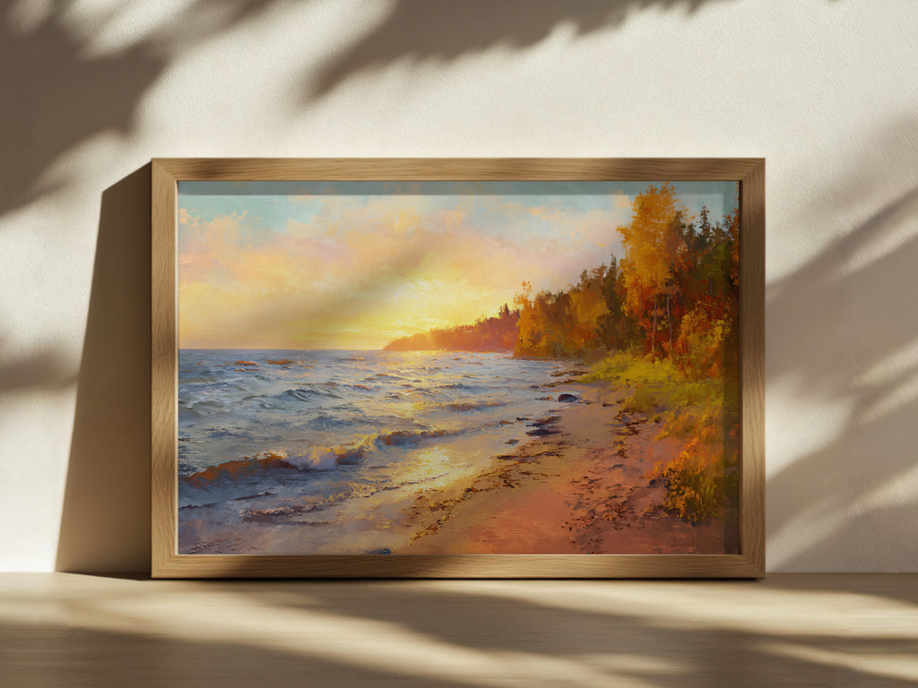 Lake Superior Fall Sunset Wall Art | Minnesota Shoreline Fall Foliage Painting
