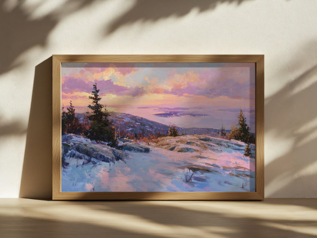 Mount Cadillac Winter Sunset Wall Art | Acadia National Park Maine Landscape Painting
