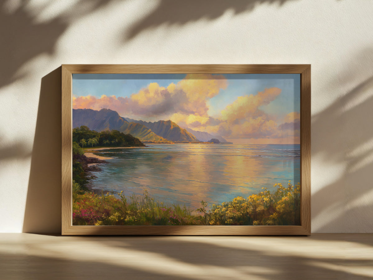 Hanalei Bay Spring Sunset Wall Art | Hawaii Kauai Tropical Ocean Painting