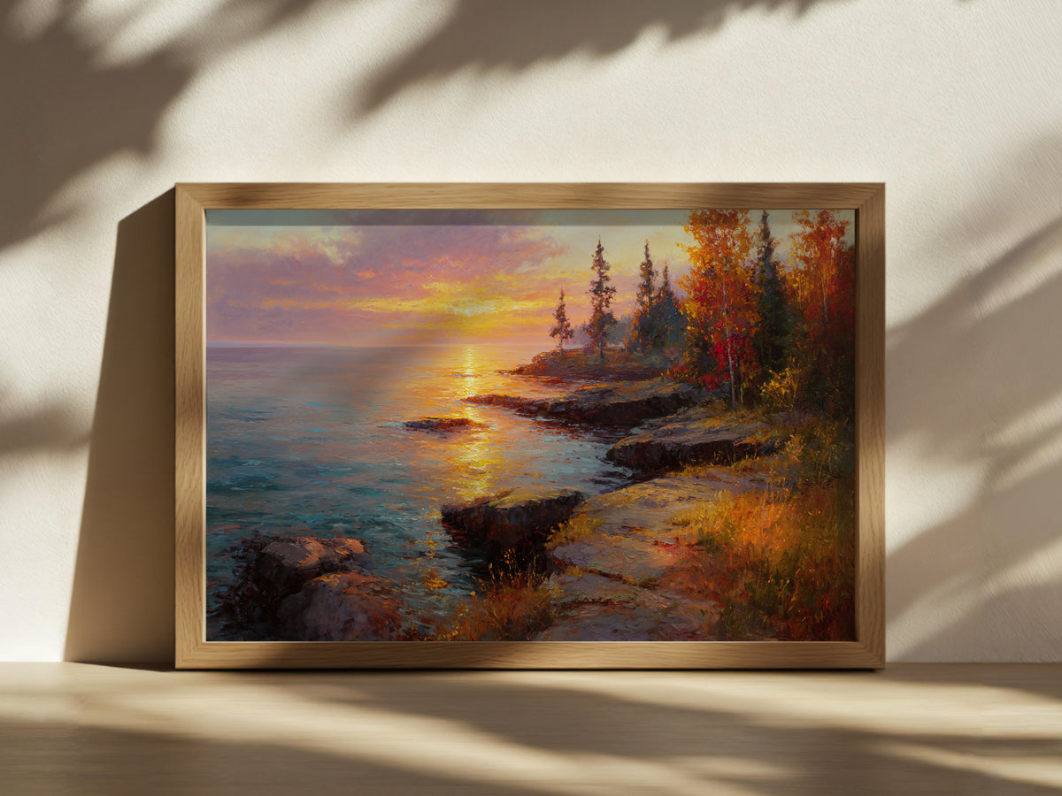 Lake Superior Fall Sunset Wall Art | Minnesota Lakeside Fall Foliage Painting