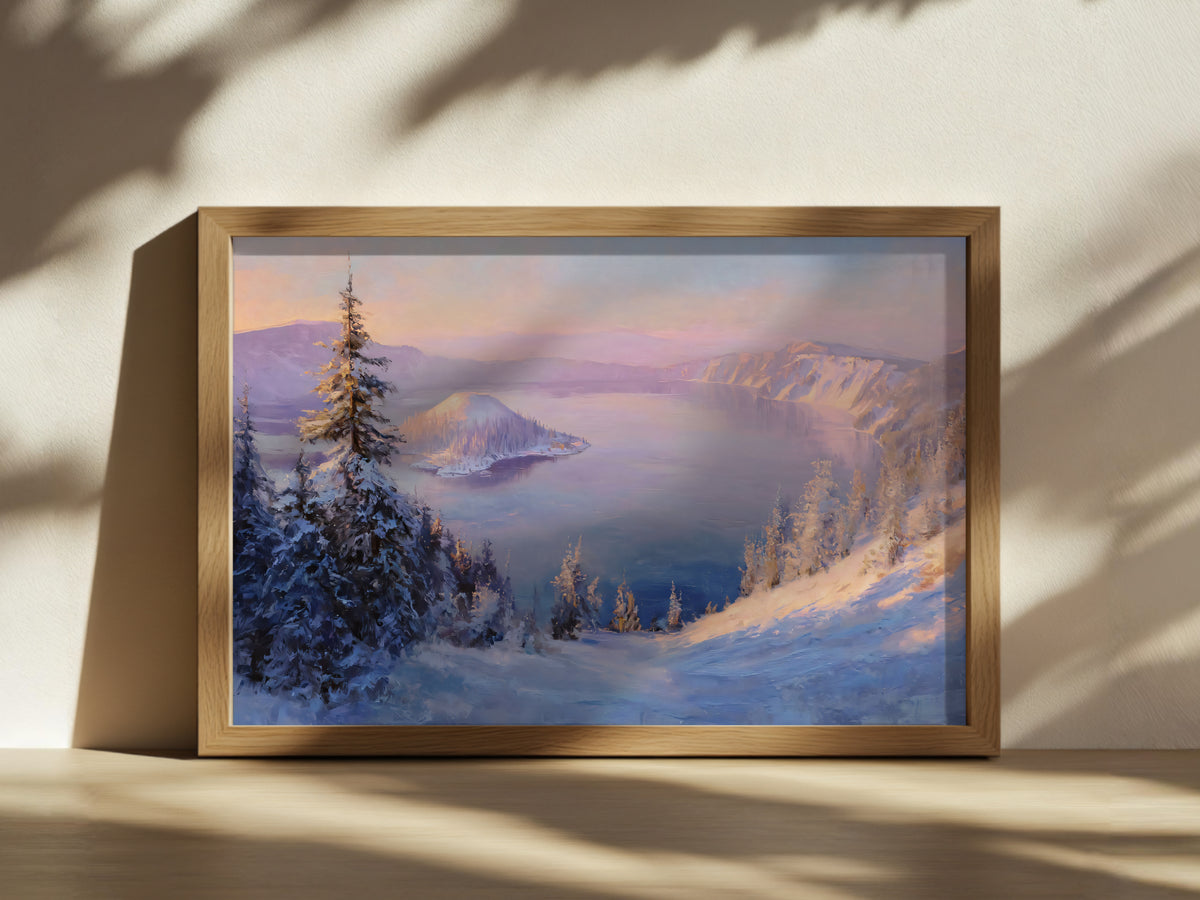 Crater Lake National Park Winter Sunrise Wall Art | Oregon Volcanic Landscape Painting
