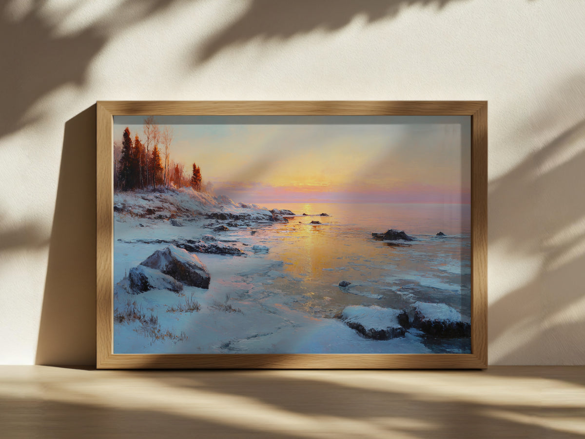 Lake Superior Winter Sunset Wall Art | Minnesota Coastal Landscape Painting