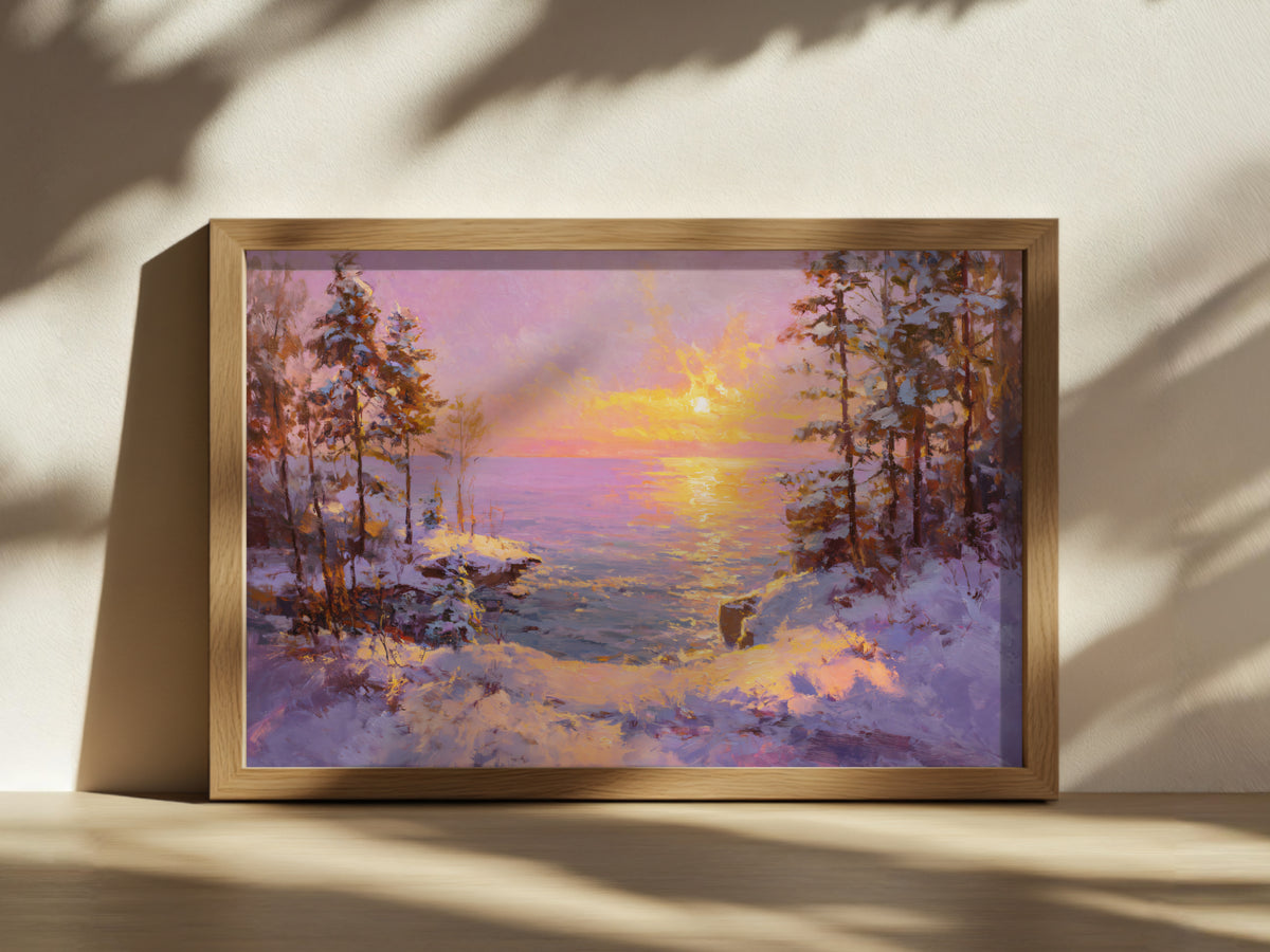 Lake Superior Winter Sunset Wall Art | Minnesota Shoreline Landscape Painting