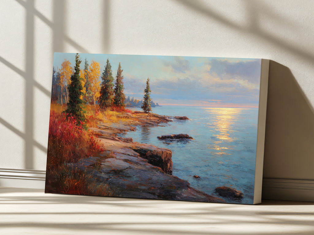 Lake Superior Fall Sunrise Wall Art | Minnesota Coastal Fall Foliage Painting