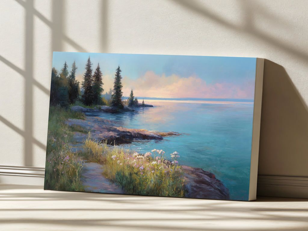 Lake Superior Spring Sunrise Wall Art | Minnesota Coastal Wildflower Painting