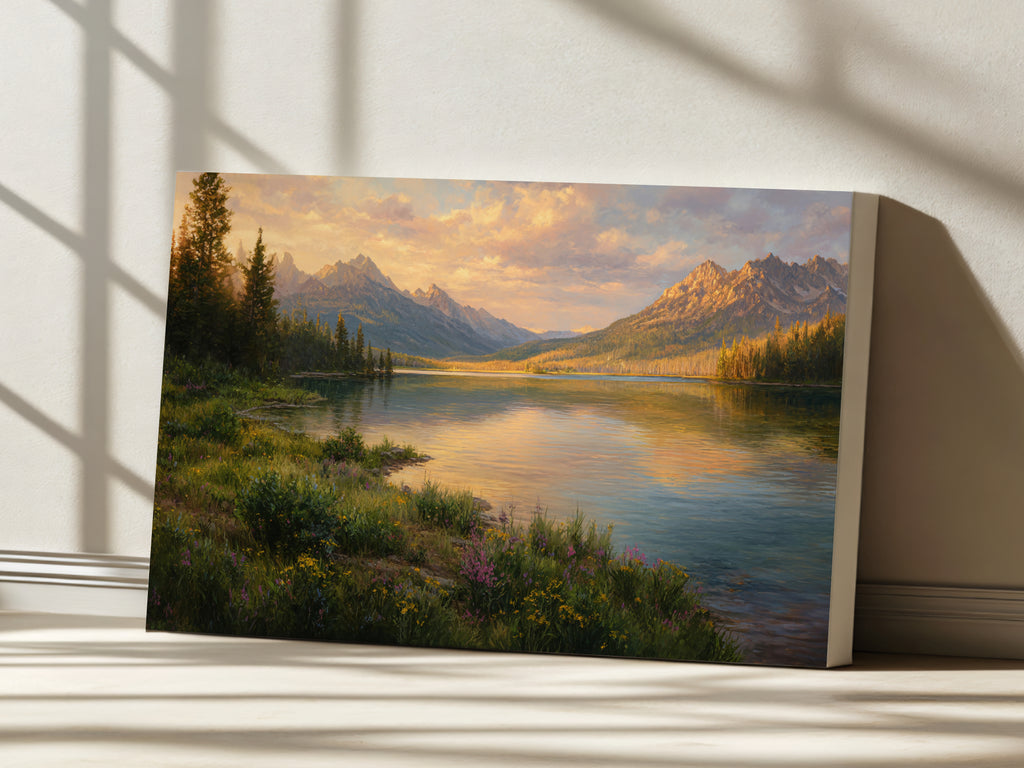 Stanley Lake Spring Sunset Wall Art | Idaho Sawtooth Mountain Landscape Painting