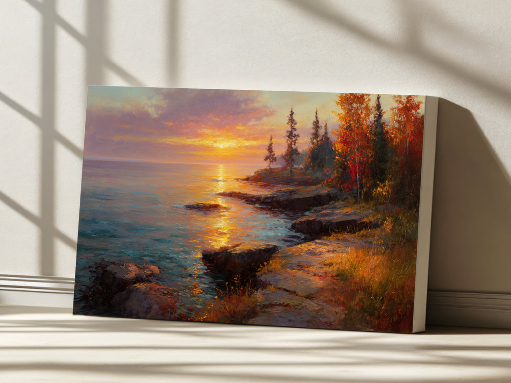 Lake Superior Fall Sunset Wall Art | Minnesota Lakeside Fall Foliage Painting