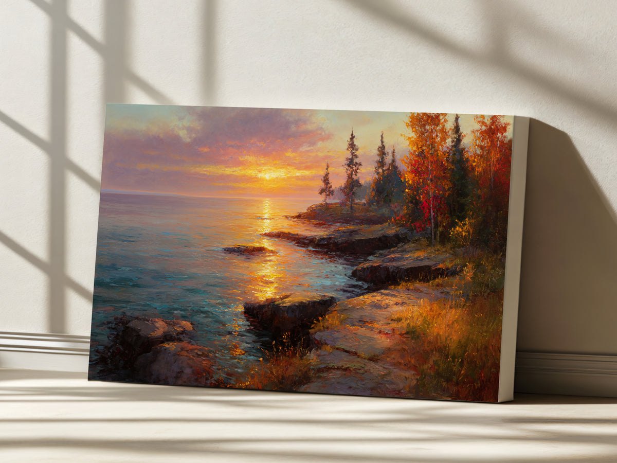 Lake Superior Fall Sunset Wall Art | Minnesota Lakeside Fall Foliage Painting