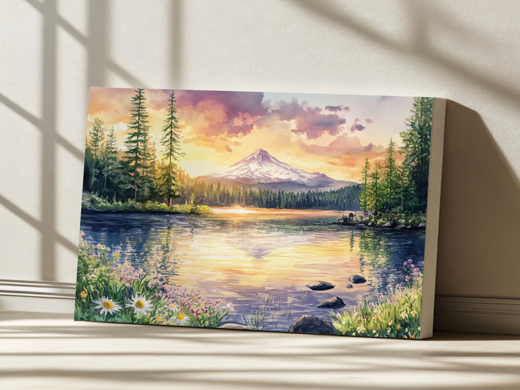 Mount Hood Spring Sunset Wall Art | Trillium Lake Oregon Lakeside Painting