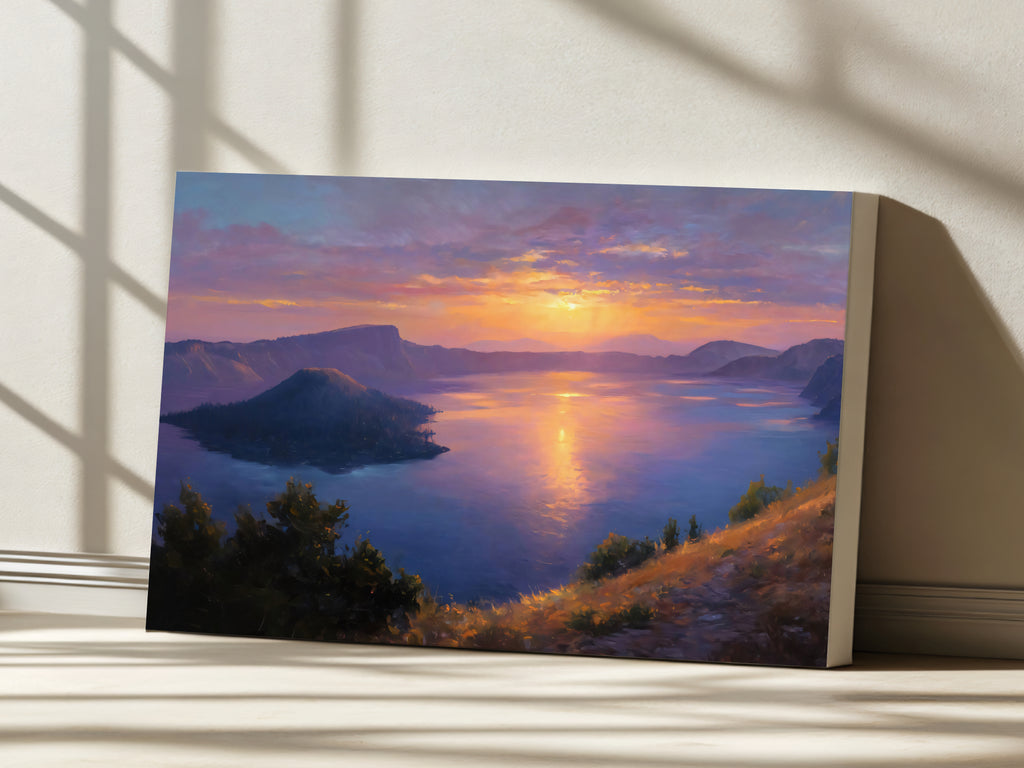 Crater Lake National Park Summer Sunset Wall Art | Oregon Volcanic Landscape Painting