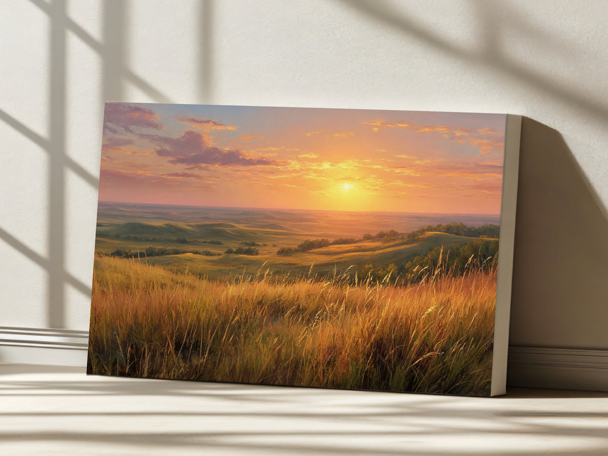 Flint Hills Summer Sunset Wall Art | Kansas Tallgrass Prairie Landscape Painting
