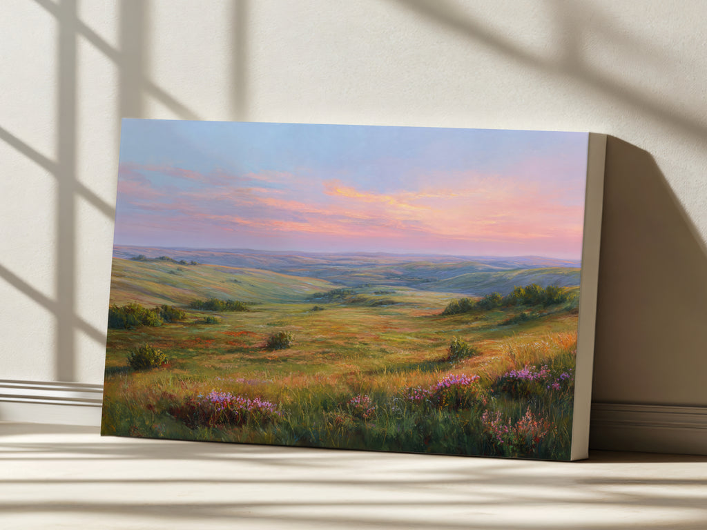 Flint Hills Spring Sunset Wall Art | Kansas Tallgrass Prairie Landscape Painting