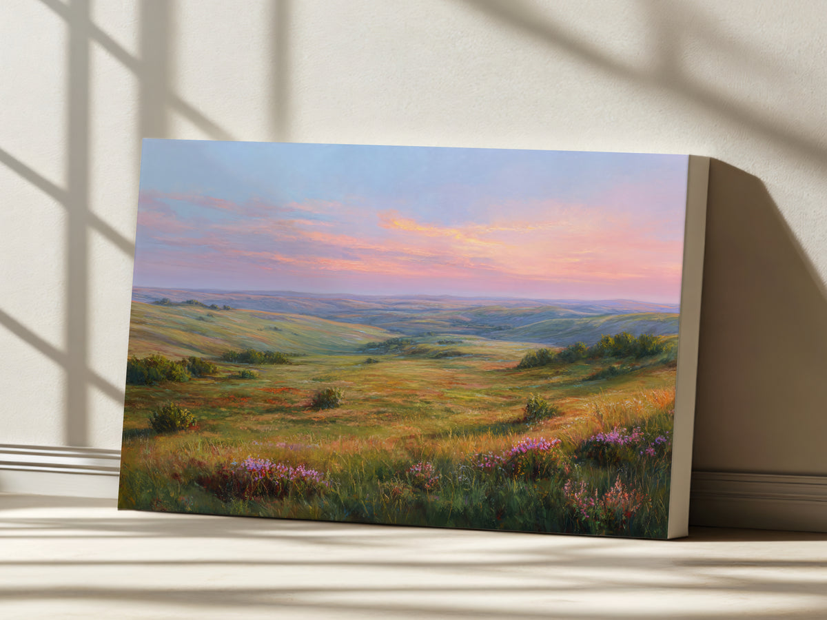 Flint Hills Spring Sunset Wall Art | Kansas Tallgrass Prairie Landscape Painting