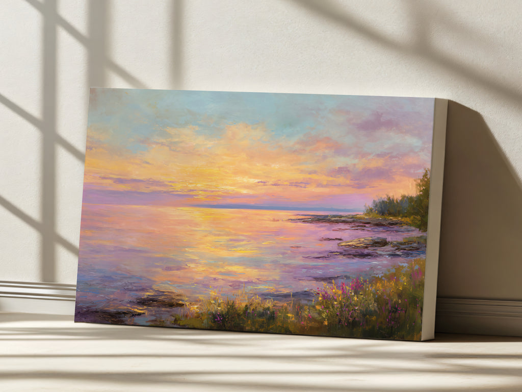 Lake Superior Spring Sunset Wall Art | Minnesota Coastal Wildflower Painting