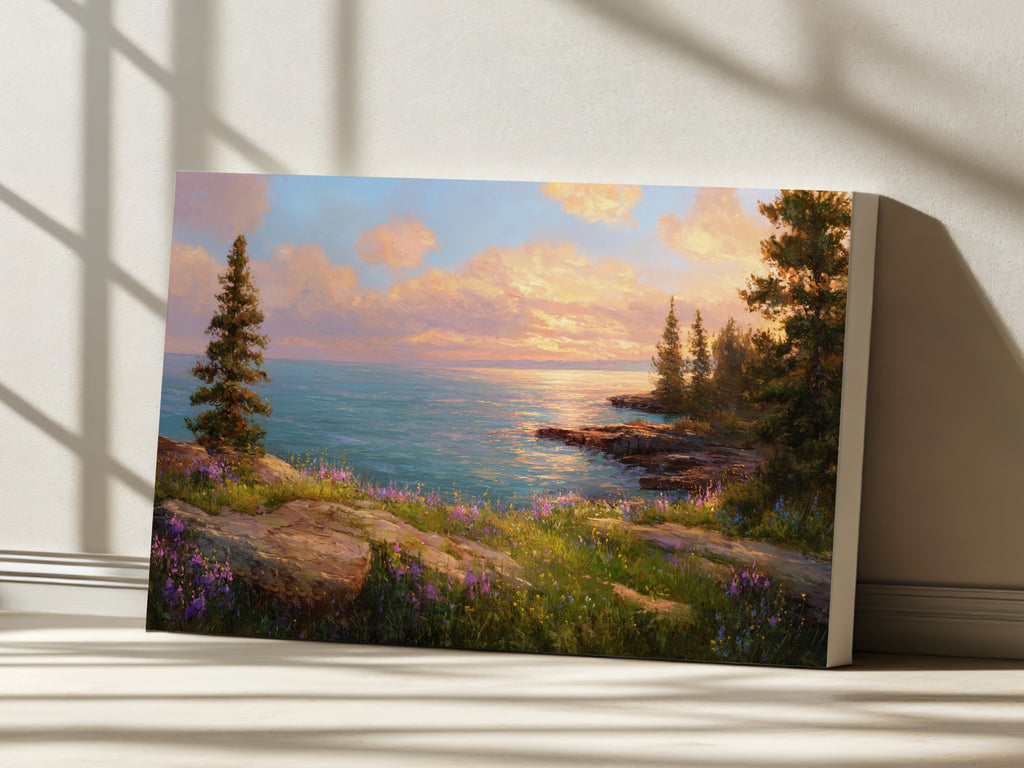 Lake Superior Spring Sunset Wall Art | Minnesota Shoreline Wildflower Painting