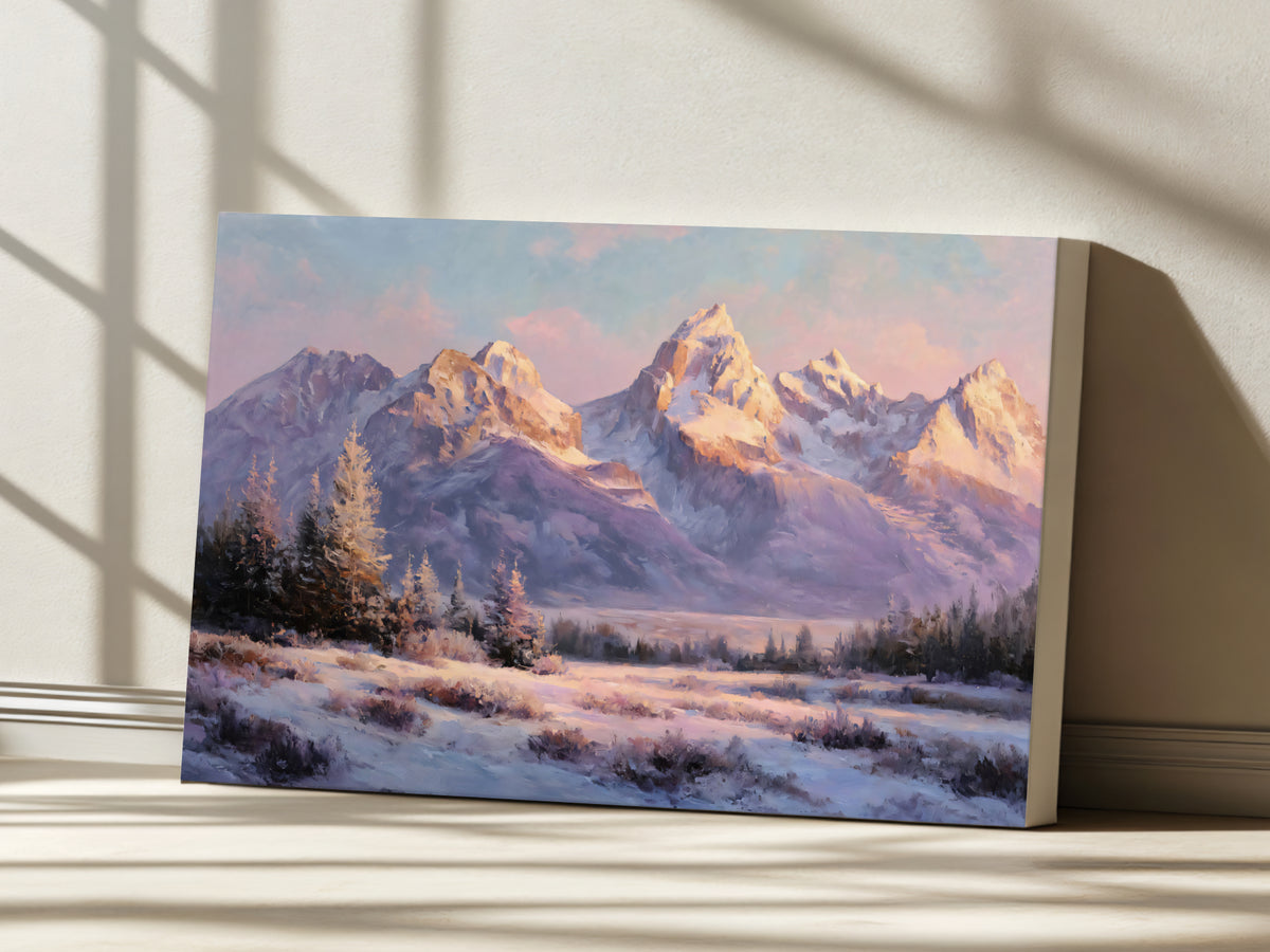 Grand Teton National Park Winter Sunset Wall Art | Wyoming Mountain Landscape Painting