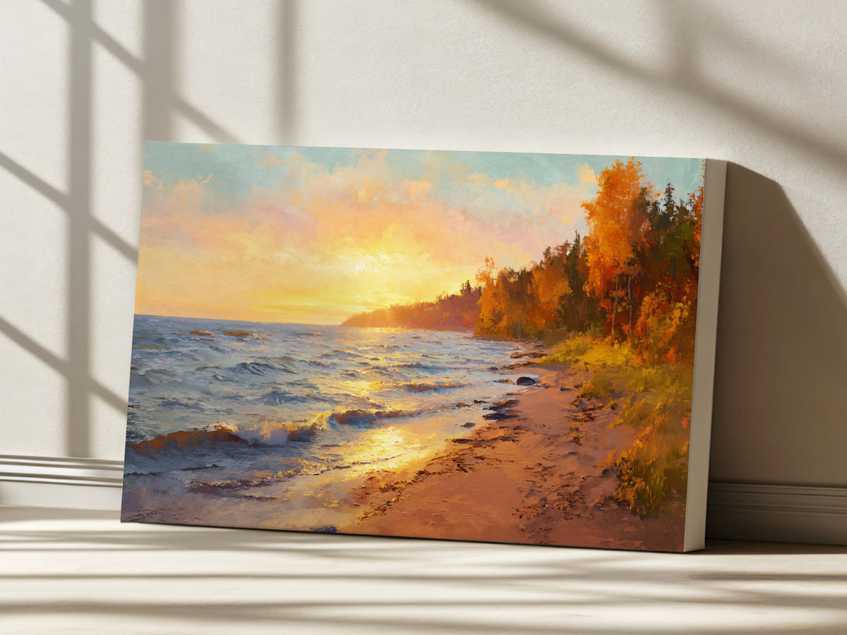 Lake Superior Fall Sunset Wall Art | Minnesota Shoreline Fall Foliage Painting