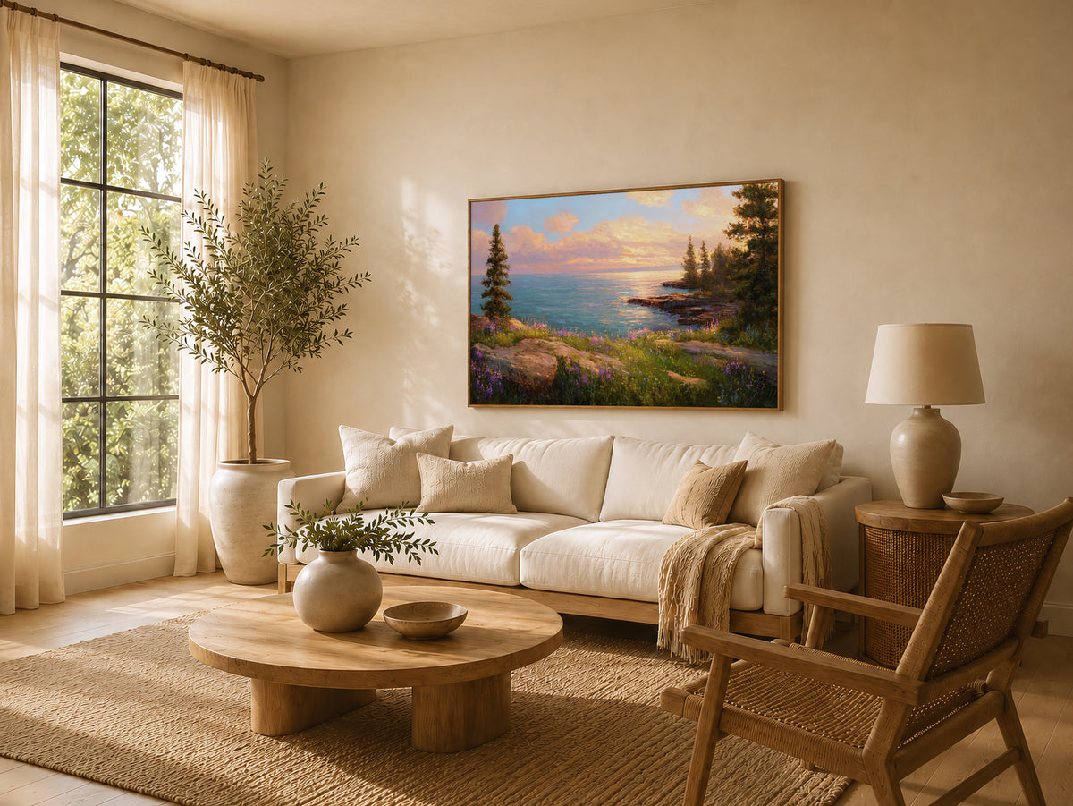 Lake Superior Spring Sunset Wall Art | Minnesota Shoreline Wildflower Painting
