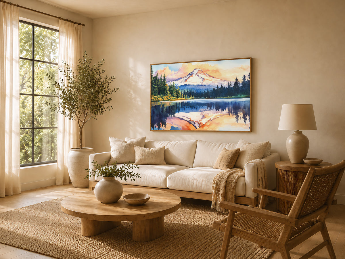 Mount Hood Summer Sunset Wall Art | Mirror Lake Oregon Lakeside Painting