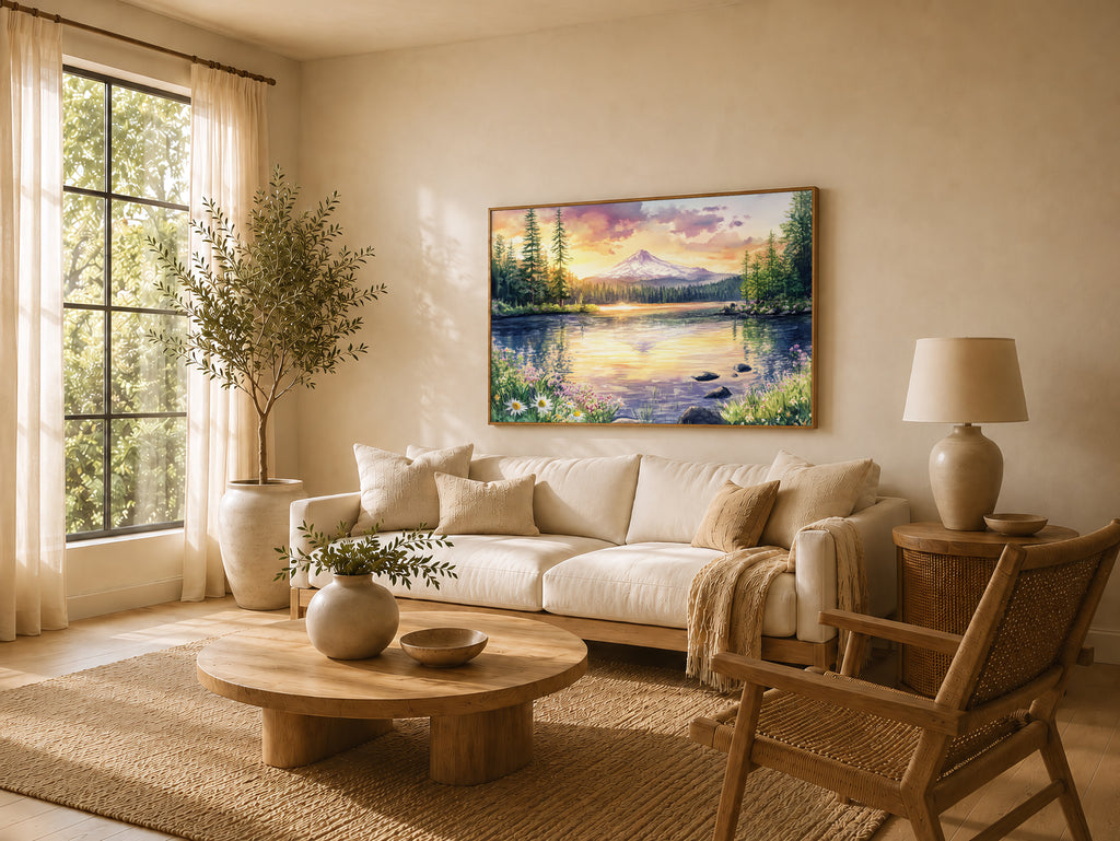 Mount Hood Spring Sunset Wall Art | Trillium Lake Oregon Lakeside Painting