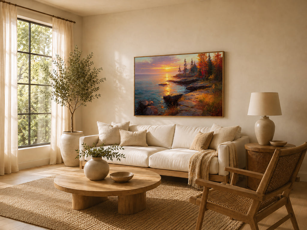 Lake Superior Fall Sunset Wall Art | Minnesota Lakeside Fall Foliage Painting