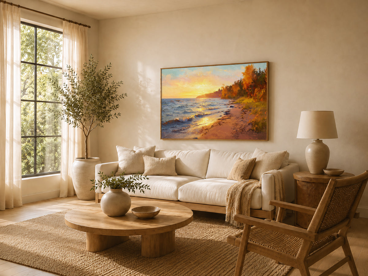 Lake Superior Fall Sunset Wall Art | Minnesota Shoreline Fall Foliage Painting
