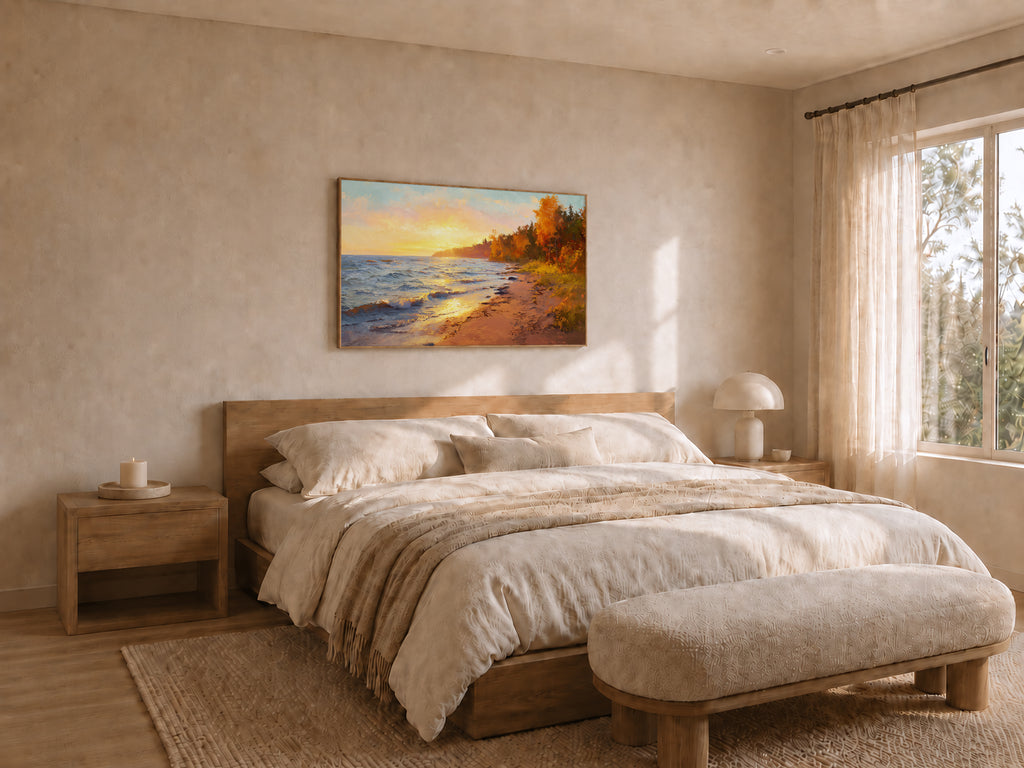 Lake Superior Fall Sunset Wall Art | Minnesota Shoreline Fall Foliage Painting