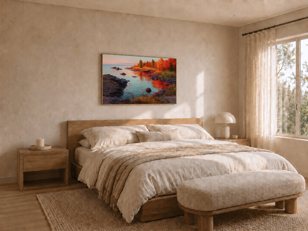 Lake Superior Fall Sunrise Wall Art | Minnesota Lakeside Fall Foliage Painting
