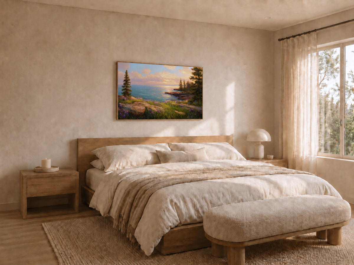 Lake Superior Spring Sunset Wall Art | Minnesota Shoreline Wildflower Painting