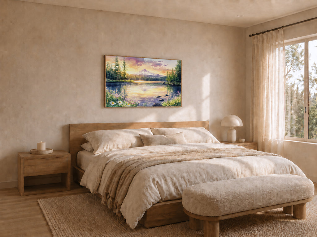 Mount Hood Spring Sunset Wall Art | Trillium Lake Oregon Lakeside Painting