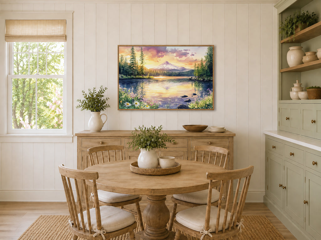 Mount Hood Spring Sunset Wall Art | Trillium Lake Oregon Lakeside Painting
