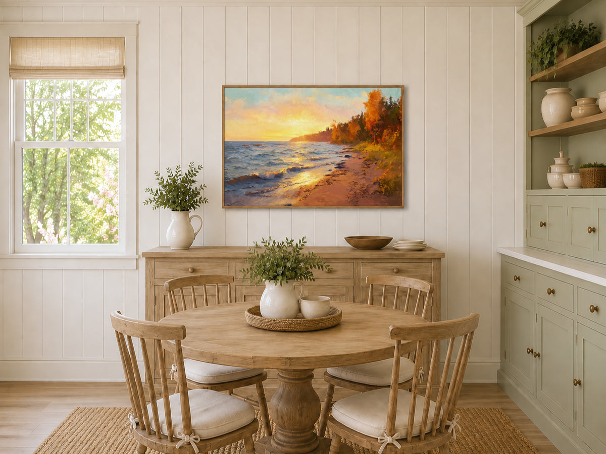 Lake Superior Fall Sunset Wall Art | Minnesota Shoreline Fall Foliage Painting