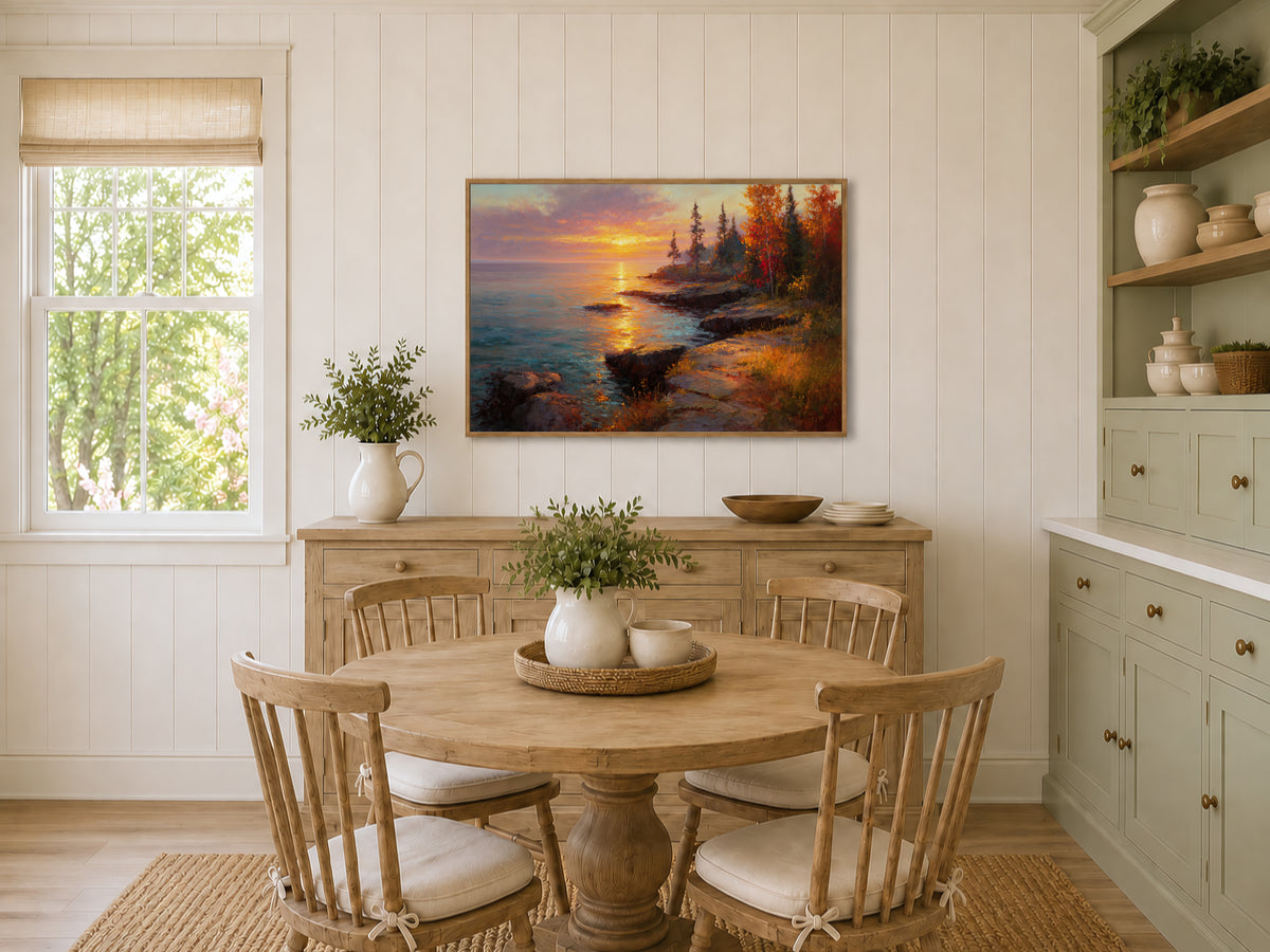 Lake Superior Fall Sunset Wall Art | Minnesota Lakeside Fall Foliage Painting