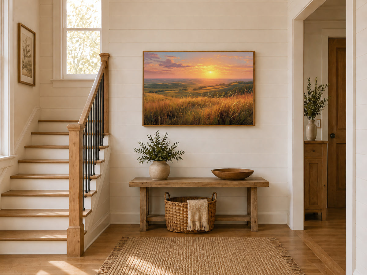 Flint Hills Summer Sunset Wall Art | Kansas Tallgrass Prairie Landscape Painting