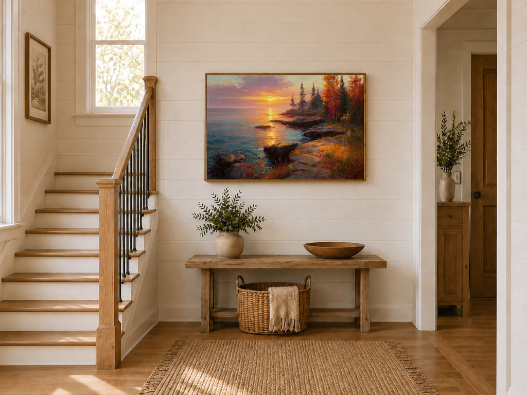 Lake Superior Fall Sunset Wall Art | Minnesota Lakeside Fall Foliage Painting
